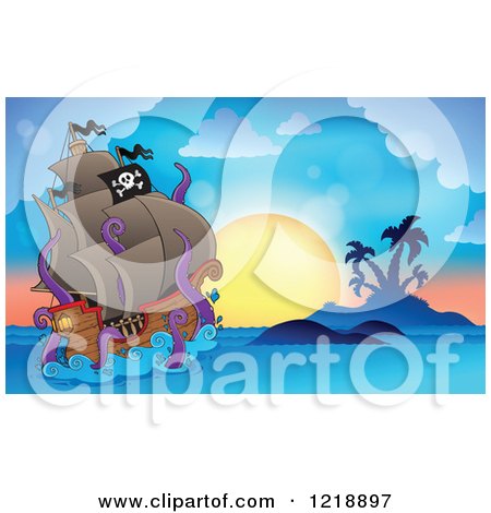 Clipart of a Giant Octopus Eating a Pirate Ship Against a Tropical Sunset - Royalty Free Vector Illustration by visekart