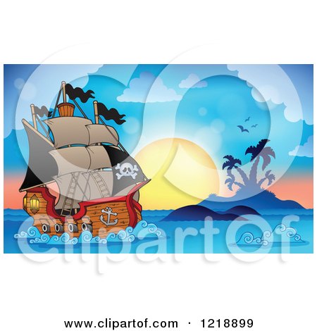 Clipart of a Sailing Pirate Ship Against a Tropical Sunset - Royalty Free Vector Illustration by visekart