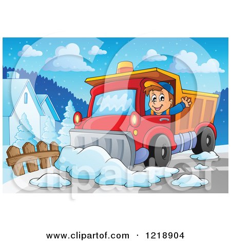 Clipart of a Happy Snow Plow Driver Waving and Working - Royalty Free Vector Illustration by visekart