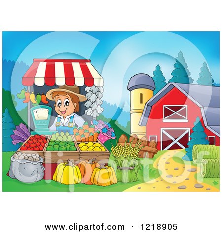 Clipart of a Happy Farmer Selling Produce at a Stand on a Farm - Royalty Free Vector Illustration by visekart