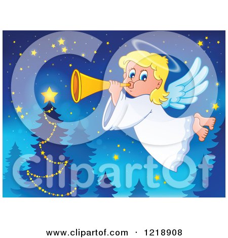 Clipart of a Cute Christmas Angel Girl Blowing a Horn by a Tree - Royalty Free Vector Illustration by visekart