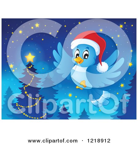 Clipart of a Christmas Bluebird Flying near a Forest Tree at Night - Royalty Free Vector Illustration by visekart