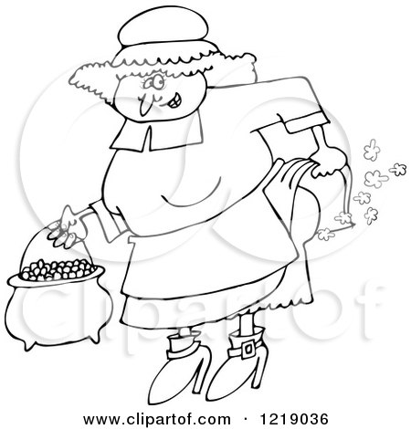 Clipart of an Outlined Female Pilgrim Farting - Royalty Free Vector Illustration by djart