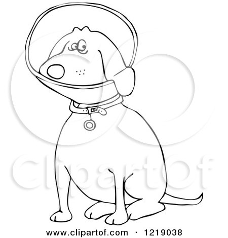 Clipart of an Outlined Sitting Dog Wearing an Elizabethan Colar Cone - Royalty Free Vector Illustration by djart