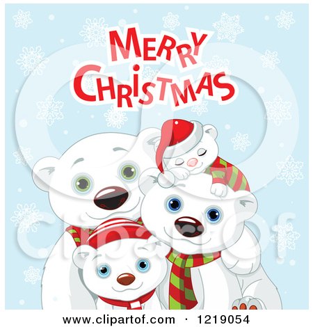 Clipart of a Cute Polar Bear Family with Merry Christmas Text and Snowflakes - Royalty Free Vector Illustration by Pushkin
