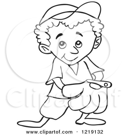 Clipart of an Outlined Baseball Kid with His Hand in His Glove - Royalty Free Vector Illustration by LaffToon