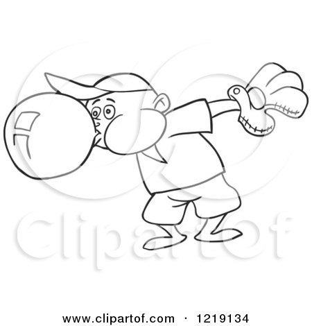 Clipart of an Outlined Baseball Boy Blowing Bubble Gum - Royalty Free Vector Illustration by LaffToon