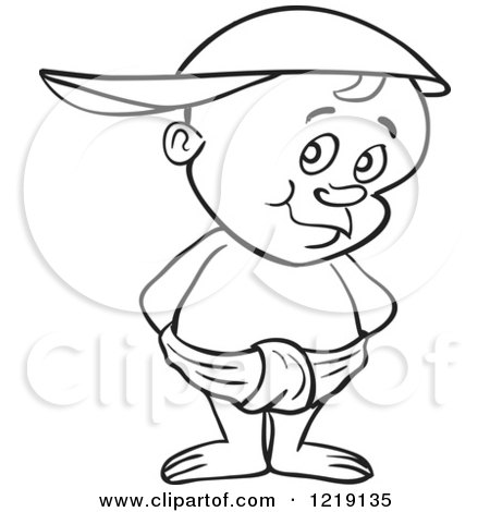 Clipart of an Outlined Toddler Boy Wearing a Baseball Cap Backwards and Standing in a Diaper - Royalty Free Vector Illustration by LaffToon