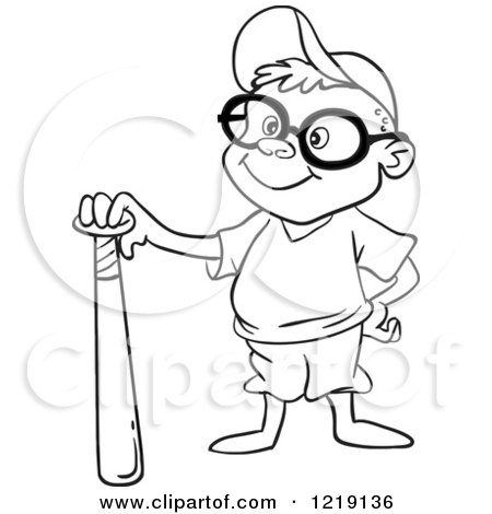 Clipart of an Outlined Baseball Boy Standing with a Bat - Royalty Free Vector Illustration by LaffToon