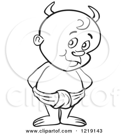 Clipart of an Outlined Toddler Boy with Devil Horns, Standing in a Diaper - Royalty Free Vector Illustration by LaffToon