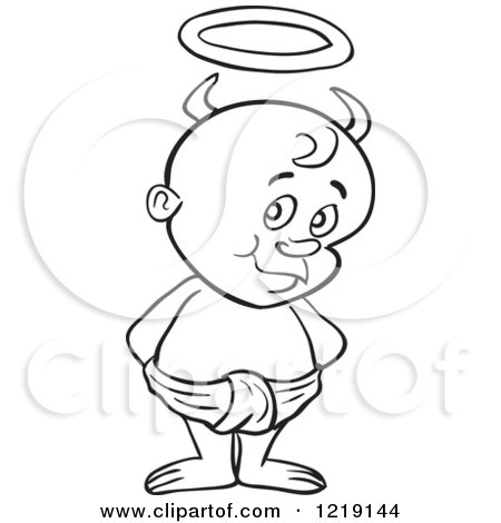 Clipart of an Outlined Toddler Boy with Devil Horns and a Halo, Standing in a Diaper - Royalty Free Vector Illustration by LaffToon
