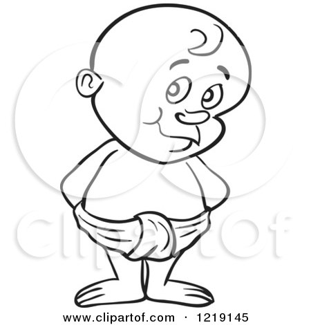 Clipart of an Outlined Toddler Boy Looking Innocent, Standing in a Diaper - Royalty Free Vector Illustration by LaffToon
