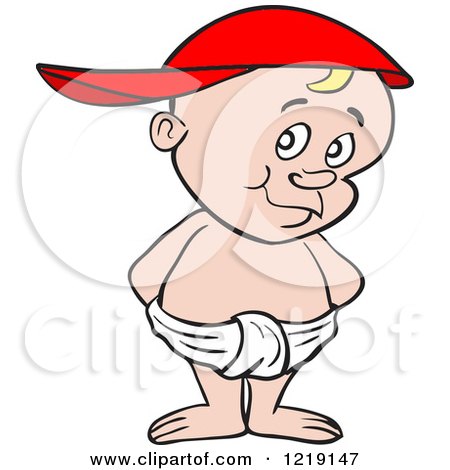 Clipart of a White Toddler Boy Wearing a Baseball Cap Backwards and Standing in a Diaper - Royalty Free Vector Illustration by LaffToon