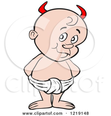 Clipart of a White Toddler Boy with Devil Horns, Standing in a Diaper - Royalty Free Vector Illustration by LaffToon