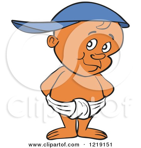 Clipart of a Black Toddler Boy Wearing a Baseball Cap Backwards and Standing in a Diaper - Royalty Free Vector Illustration by LaffToon