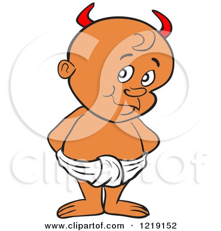 Clipart of a Black Toddler Boy with Devil Horns, Standing in a Diaper - Royalty Free Vector Illustration by LaffToon