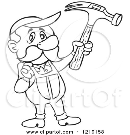 Clipart of an Outlined Carpenter Man Holding up a Hammer and Tugging on His Overalls - Royalty Free Vector Illustration by LaffToon