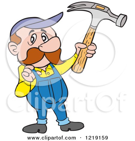 Clipart of a Caucasian Carpenter Man Holding up a Hammer and Tugging on His Overalls - Royalty Free Vector Illustration by LaffToon
