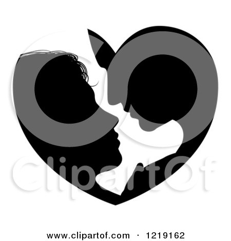 Clipart of a Silhouetted Couple Forming a Heart As They Lean in for a Kiss - Royalty Free Vector Illustration by AtStockIllustration