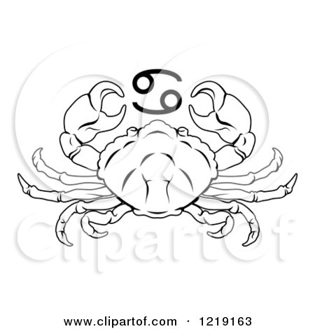 Clipart of a Black and White Astrology Zodiac Cancer Crab and Symbol - Royalty Free Vector Illustration by AtStockIllustration