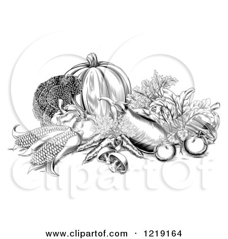 Clipart of Black and White Woodcut Harvest Vegetables - Royalty Free Vector Illustration by AtStockIllustration