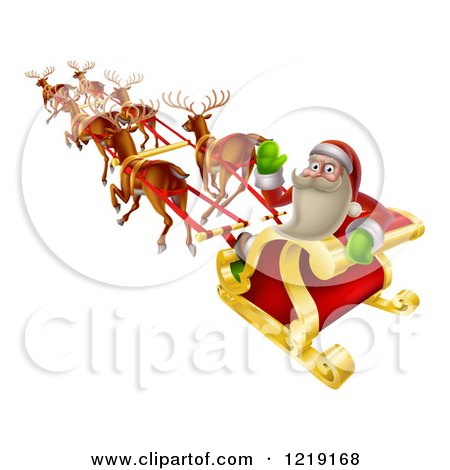 Clipart of Santa Waving and Looking Back While Flying in a Reindeer Sleigh - Royalty Free Vector Illustration by AtStockIllustration