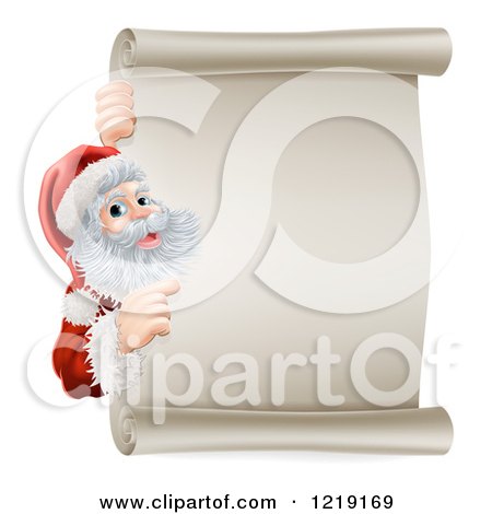 Clipart of Santa Pointing Around a Scroll Sign - Royalty Free Vector Illustration by AtStockIllustration
