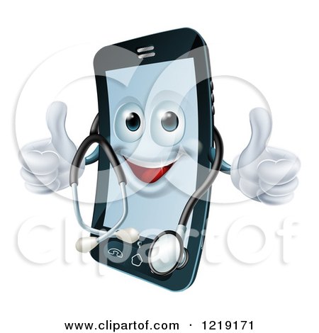Clipart of a Happy Smart Phone Wearing a Stethoscope and Holding Two Thumbs up - Royalty Free Vector Illustration by AtStockIllustration
