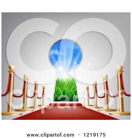 Clipart of a Red Carpet and Posts Leading to a Key Hole with an Idyllic Field with Sunshine and Grass - Royalty Free Vector Illustration by AtStockIllustration