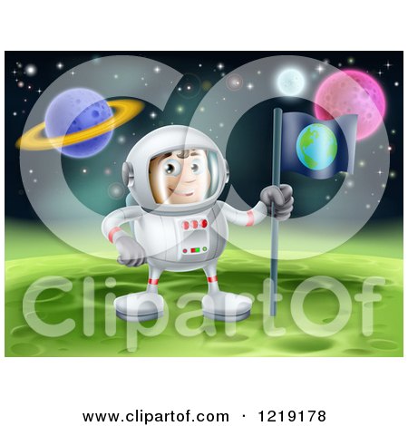 Clipart of an Astronaut Planting an Earth Flag on a Foreign Planet - Royalty Free Vector Illustration by AtStockIllustration