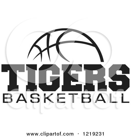 Clipart of a Black and White Ball with TIGERS BASKETBALL Text - Royalty Free Vector Illustration by Johnny Sajem