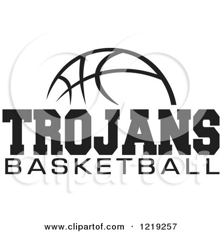 Clipart of a Black and White Ball with TROJANS BASKETBALL Text - Royalty Free Vector Illustration by Johnny Sajem