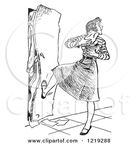 Retro Clipart of a Vintage Black and White High School Teenage Girl with Her Arms Full of Books, Kicking a Full Locker Shut - Royalty Free Vector Illustration by Picsburg
