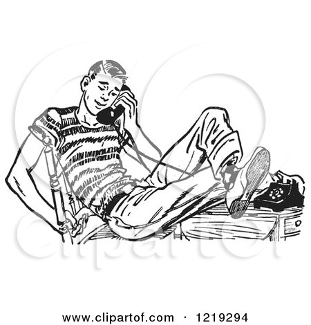 Retro Clipart of a Black and White Vintage Teenage Boy Flirting with His Girlfriend on a Telephone - Royalty Free Vector Illustration by Picsburg