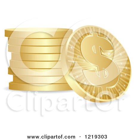 Clipart of a Single Gold Dollar Coin Leaning up a Stack - Royalty Free Vector Illustration by Andrei Marincas