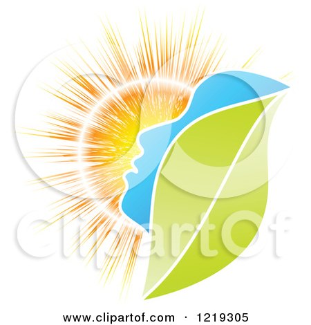 Clipart of a Green Leaf Blue Face and Sunshine - Royalty Free Vector Illustration by Andrei Marincas