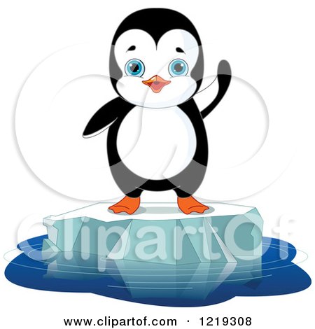 Clipart of a Cute Penguin Waving on Floating Ice - Royalty Free Vector Illustration by Pushkin