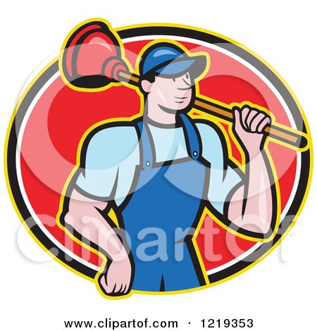 Clipart of a Cartoon Plumber Man Carrying a Plunger over His Shoulder in an Oval - Royalty Free Vector Illustration by patrimonio