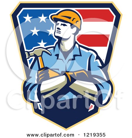 Clipart of a Retro Carpenter Worker with Folded Arms over an American Shield - Royalty Free Vector Illustration by patrimonio