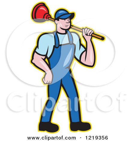 Clipart of a Cartoon Plumber Man Carrying a Plunger over His Shoulder - Royalty Free Vector Illustration by patrimonio