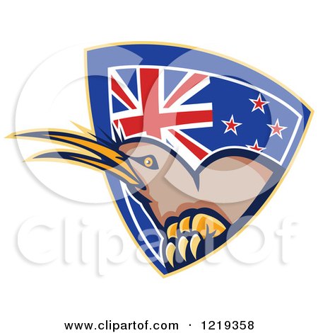 Clipart of a Kiwi Bird Emerging from a New Zealand Flag Shield - Royalty Free Vector Illustration by patrimonio