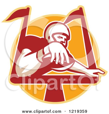 Clipart of a Gridiron Receiver American Football Player Scoring a Touchdown over an Orange Circle - Royalty Free Vector Illustration by patrimonio