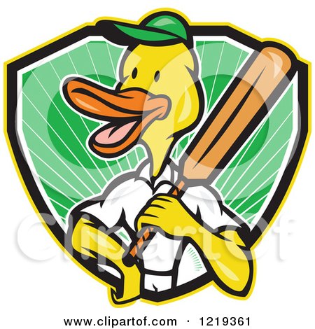 Clipart of a Cartoon Duck Cricket Player Batsman in a Shield of Sunshine - Royalty Free Vector Illustration by patrimonio