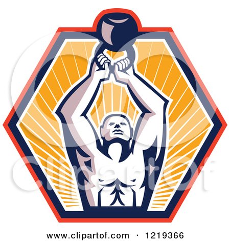 Clipart of a Retro Crossfit Bodybuilder Lifting a Kettlebell in a Sunny Hexagon - Royalty Free Vector Illustration by patrimonio
