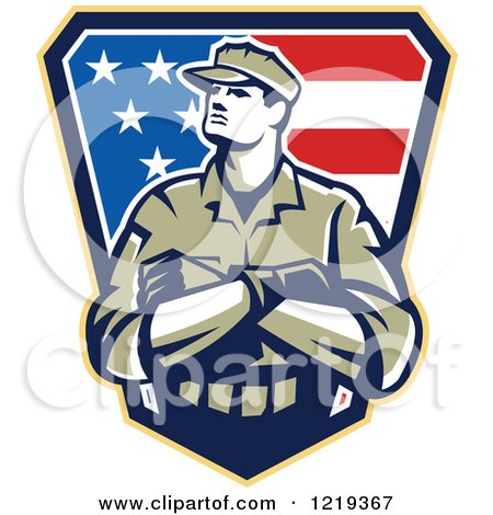 Clipart of an American Solider with Folded Arms over an American Flag Shield - Royalty Free Vector Illustration by patrimonio