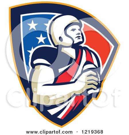Clipart of a Gridiron American Football Player Holding a Ball in an American Shield - Royalty Free Vector Illustration by patrimonio