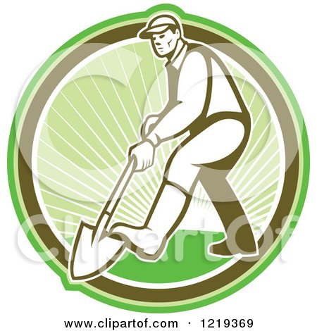 Clipart of a Retro Gardener Digging with a Shovel in a Circle of Sunshine - Royalty Free Vector Illustration by patrimonio