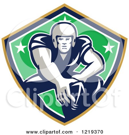 Clipart of a Gridiron American Football Player with His Hand on a Ball in a Star Shield - Royalty Free Vector Illustration by patrimonio