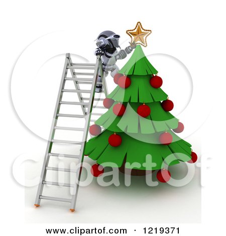 Clipart of a 3d Robot on a Ladder, Putting a Star on a Christmas Tree - Royalty Free Illustration by KJ Pargeter