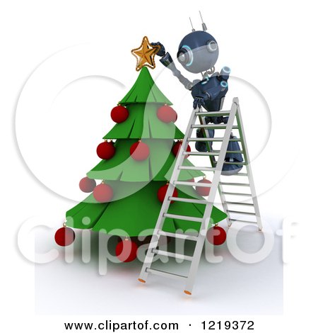 Clipart of a 3d Blue Android Robot on a Ladder, Putting a Star on a Christmas Tree - Royalty Free Illustration by KJ Pargeter